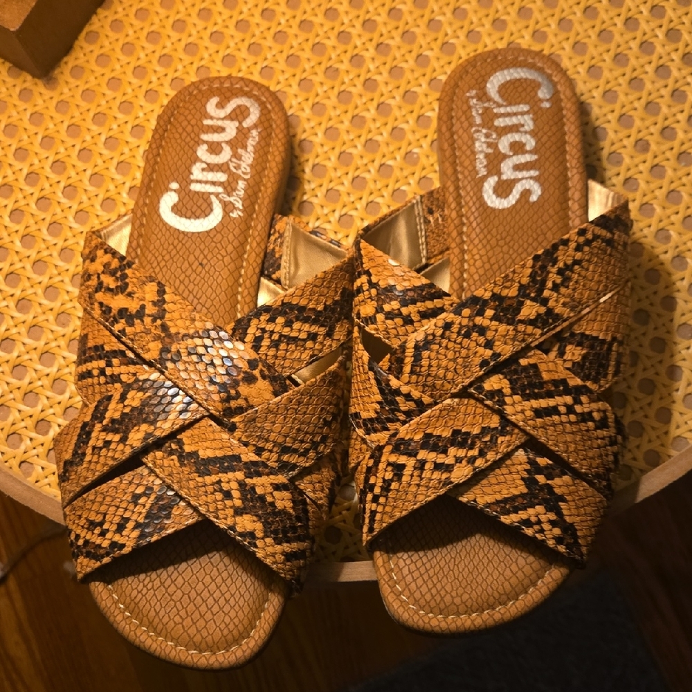Circus by Sam Edelman Tan and Black Snake Print Sandals